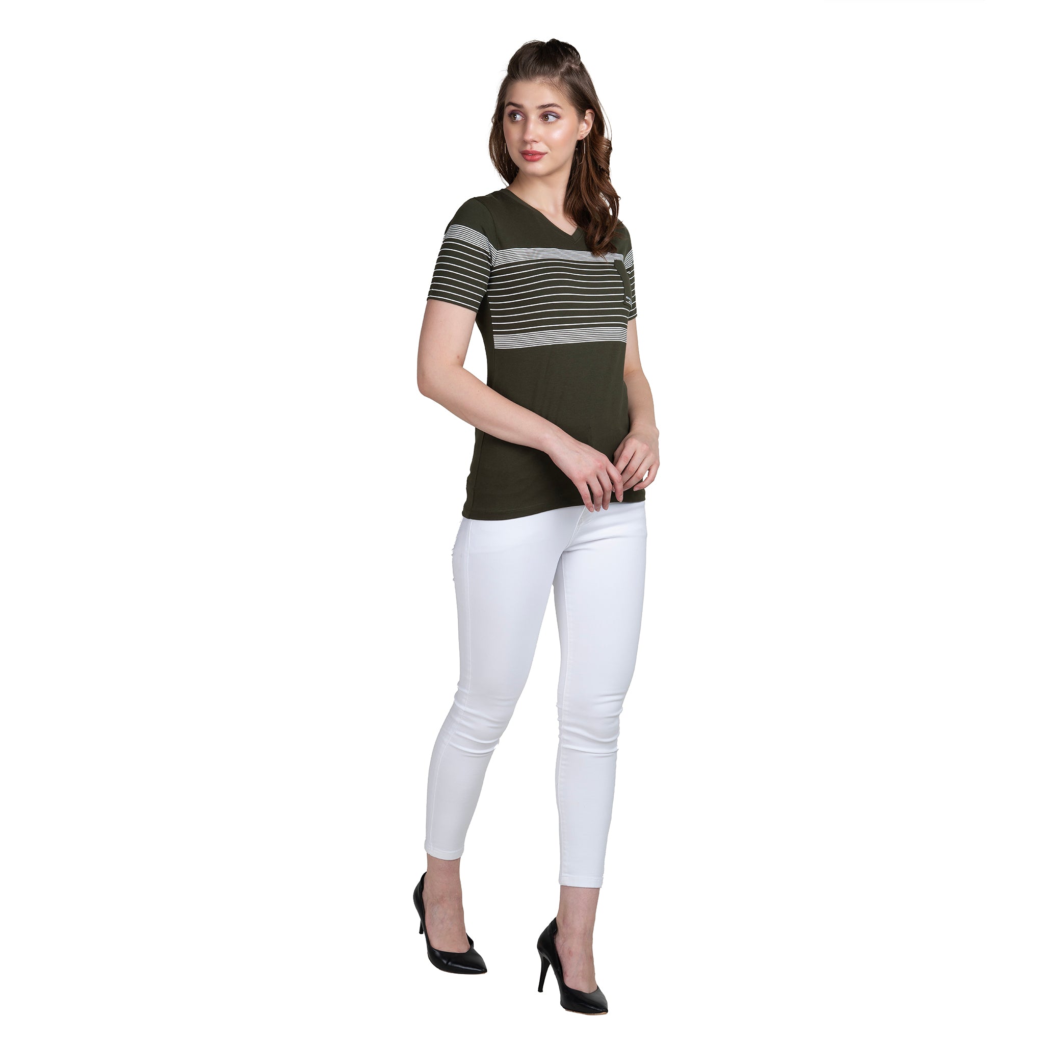 Astron – V-Neck Half Sleeves Olive Color Cotton T-Shirt for Women