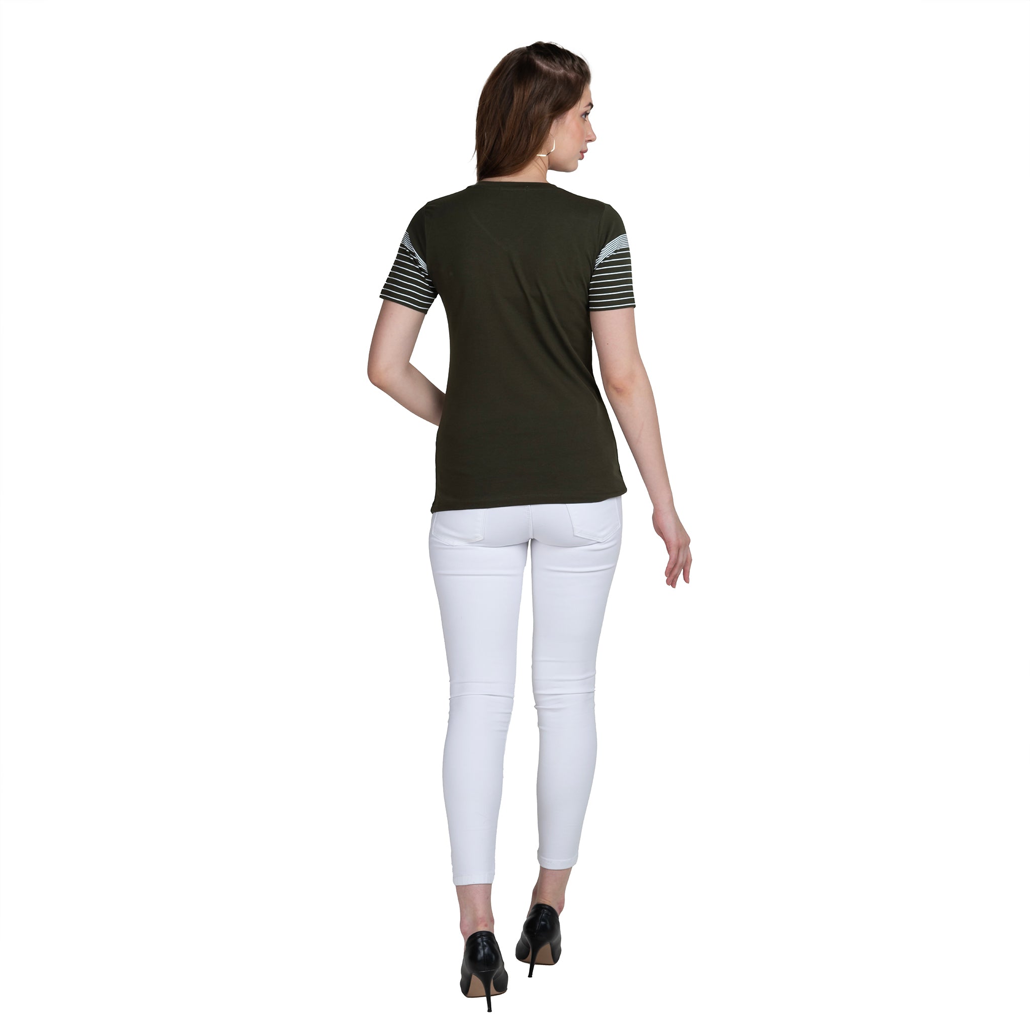 Astron – V-Neck Half Sleeves Olive Color Cotton T-Shirt for Women