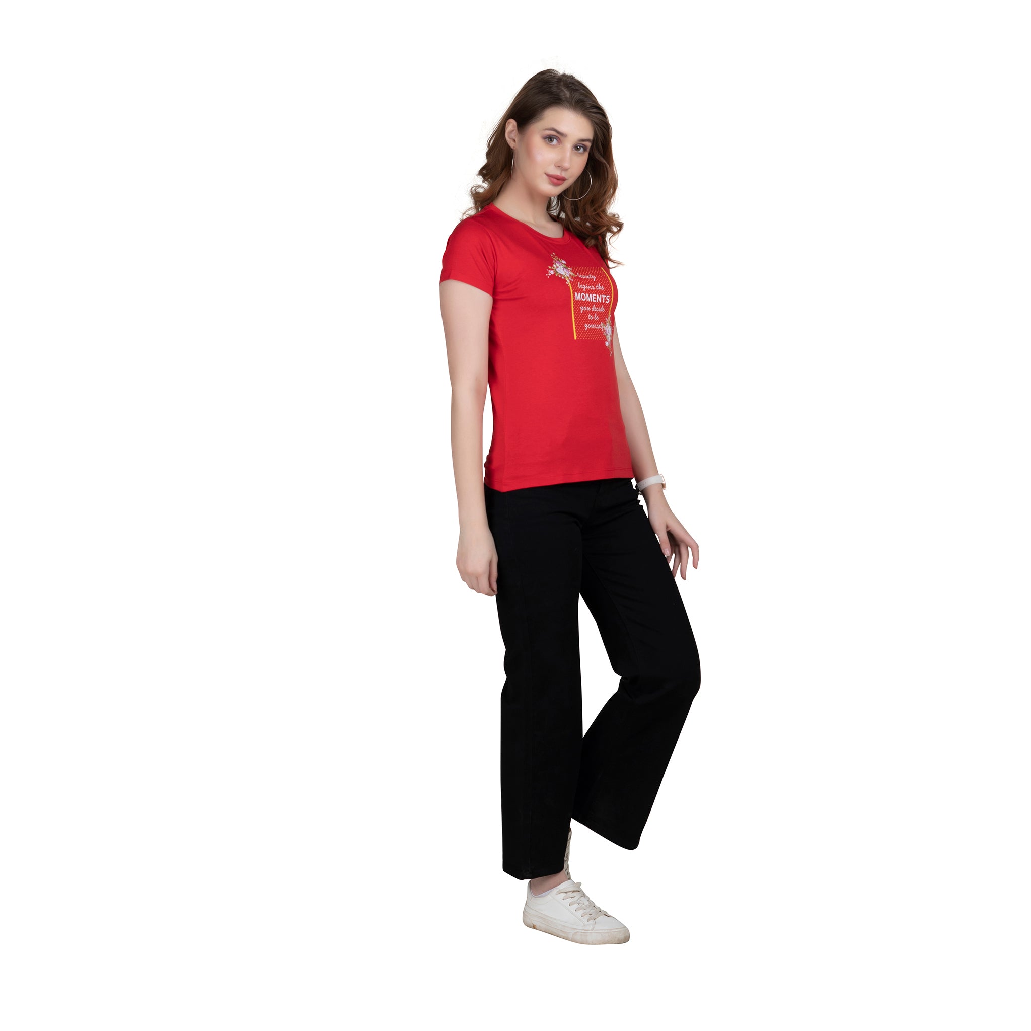 Red Half Sleeves Round Neck Women's Cotton T-shirt