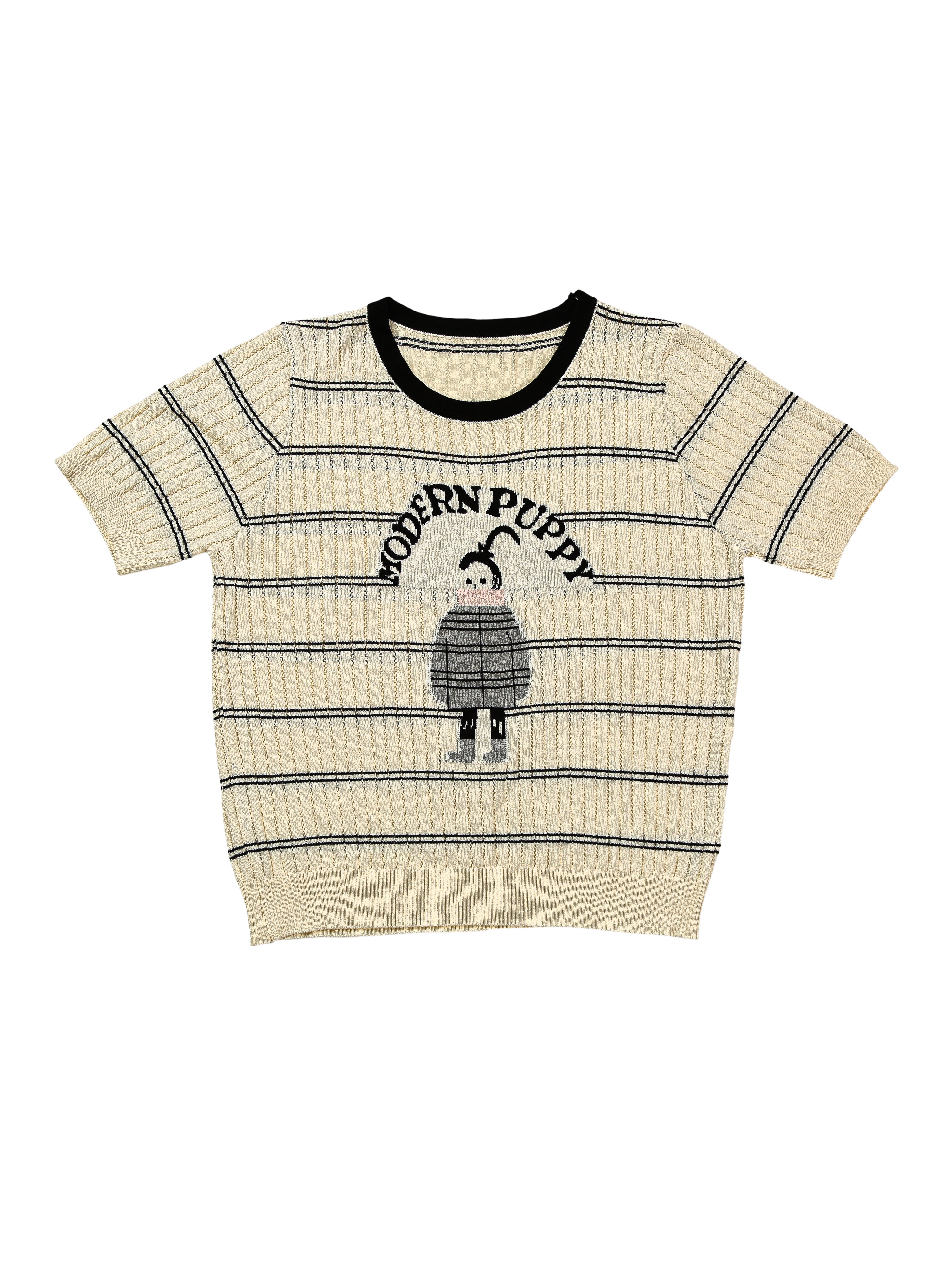 Astron - Cream Ribbed Knit T-Shirt For Women
