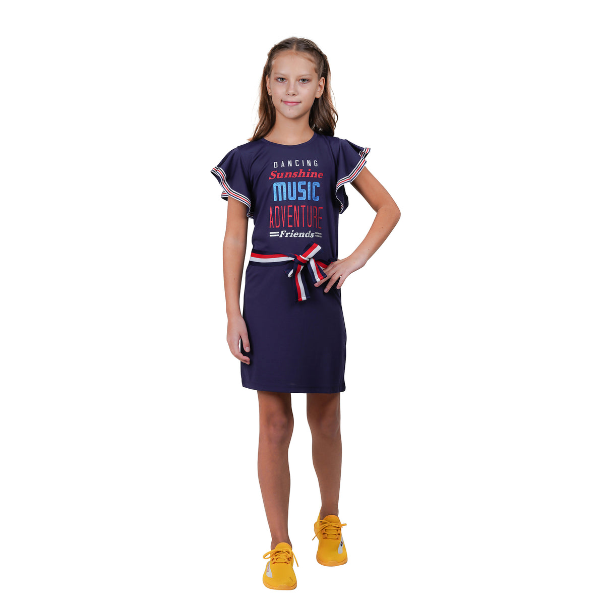 Navy Colour Bell Sleeves Typography Printed Girl's Tunic Dress.