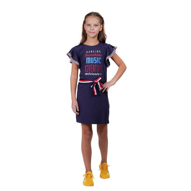 Navy Colour Bell Sleeves Typography Printed Girl's Tunic Dress