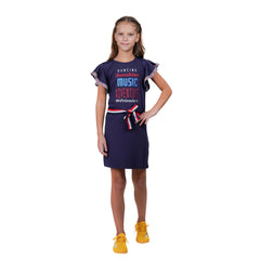 Navy Colour Bell Sleeves Typography Printed Girl's Tunic Dress.