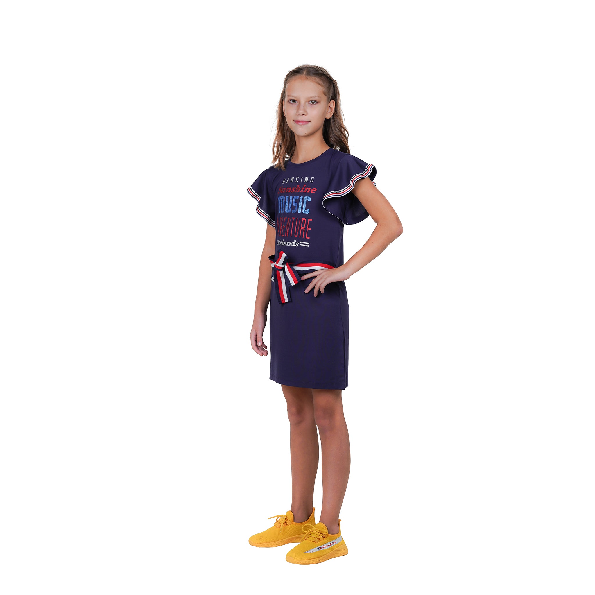 Navy Colour Bell Sleeves Typography Printed Girl's Tunic Dress.