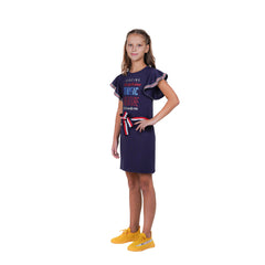 Navy Colour Bell Sleeves Typography Printed Girl's Tunic Dress.