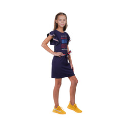 Navy Colour Bell Sleeves Typography Printed Girl's Tunic Dress.