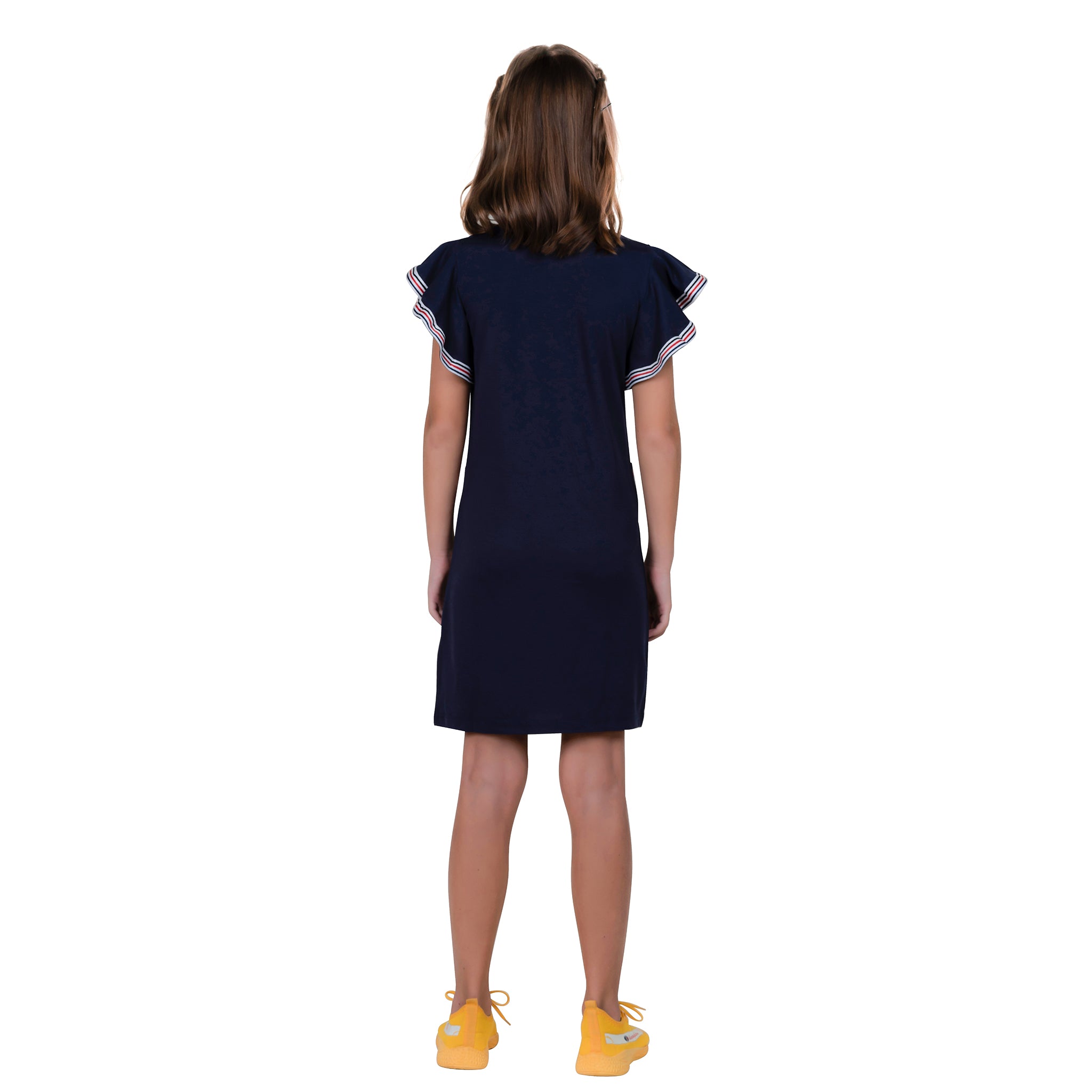 Navy Colour Bell Sleeves Typography Printed Girl's Tunic Dress.