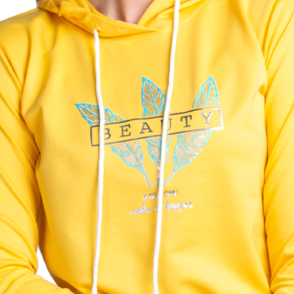 Leaf Print Pullover Full Sleeve Hoodie For Women