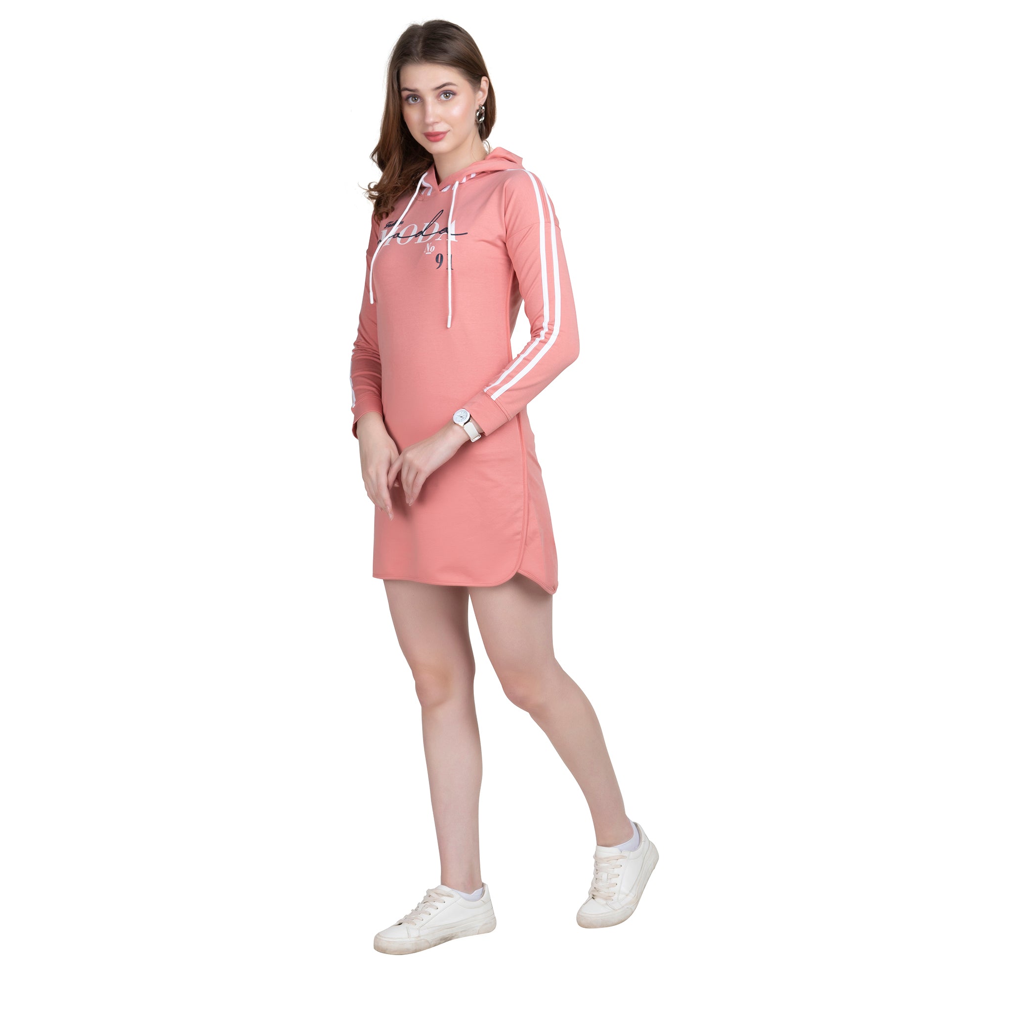 Peach Full Sleeves Hoodie Cotton Midi Dress For Women