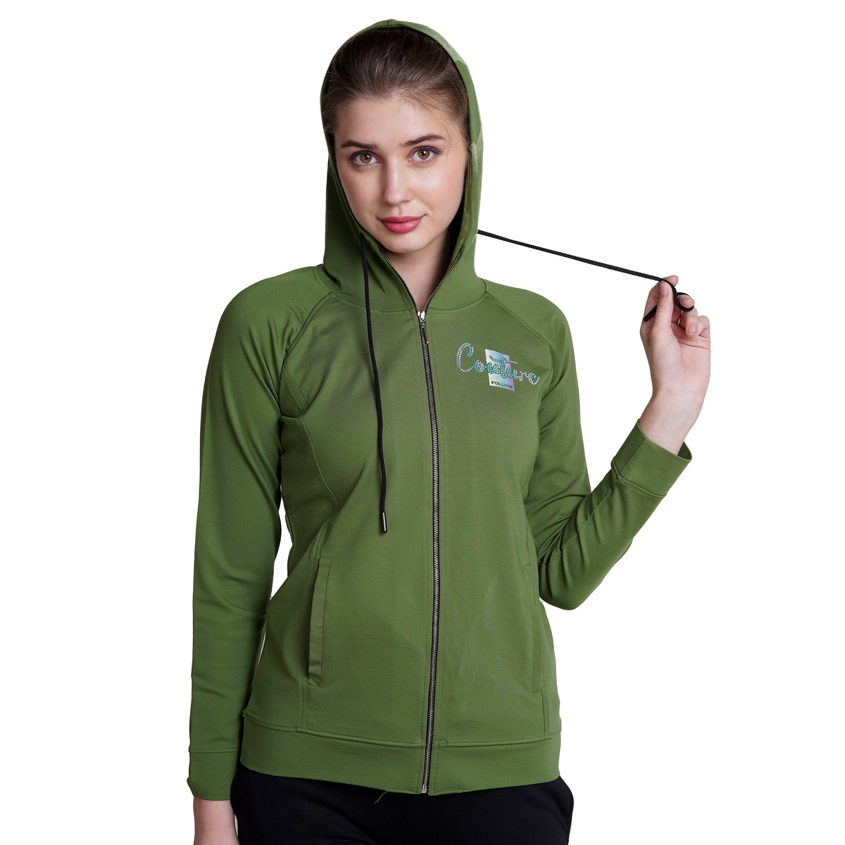 Green Long Sleeve Zip-through Hoodie For Women