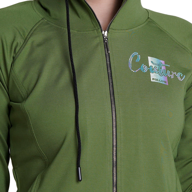 Green Long Sleeve Zip-through Hoodie For Women