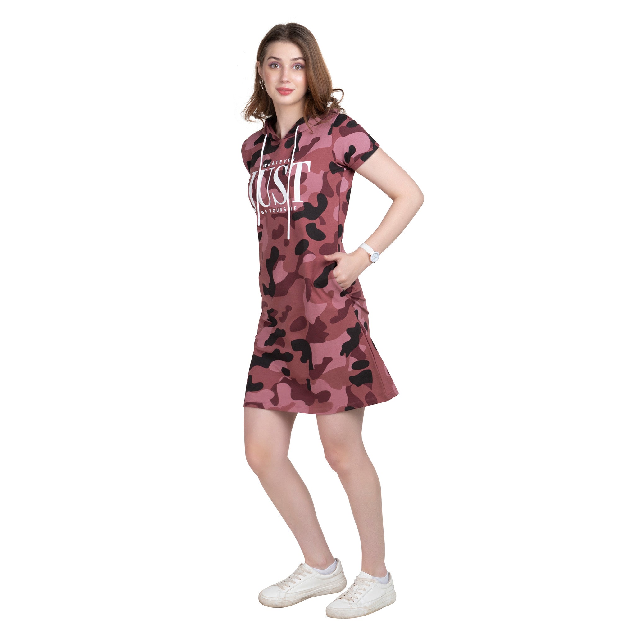 Astron – Wine Camouflage Print Hoodie Tunic Dress for Women