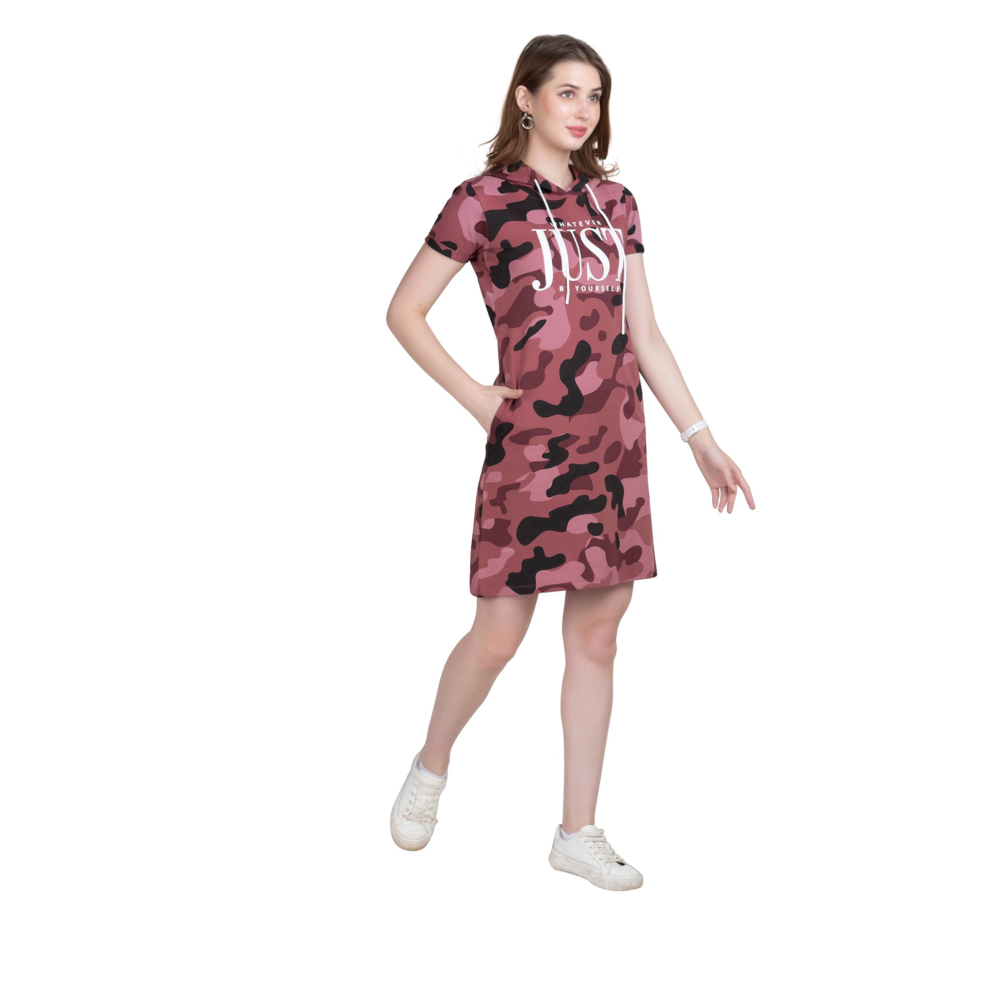 Astron – Wine Camouflage Print Hoodie Tunic Dress for Women