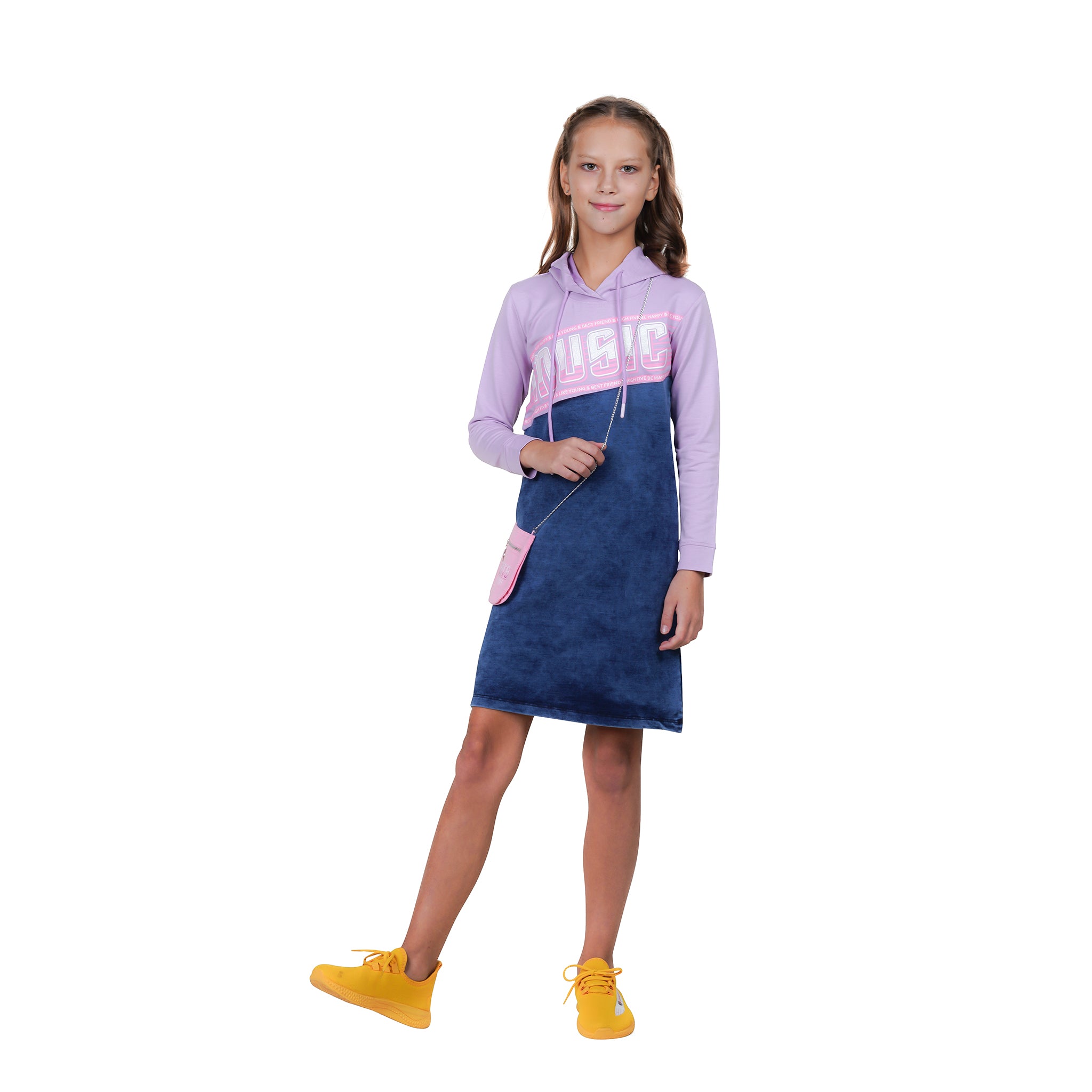 Purple 3/4th Sleeves Hooded Tunic Dress For Girl's.