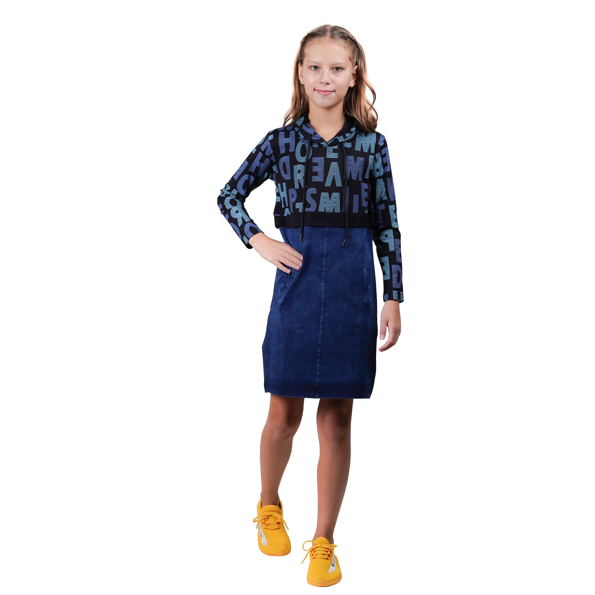 Girls Typography Print Hooded Tunic Dress.