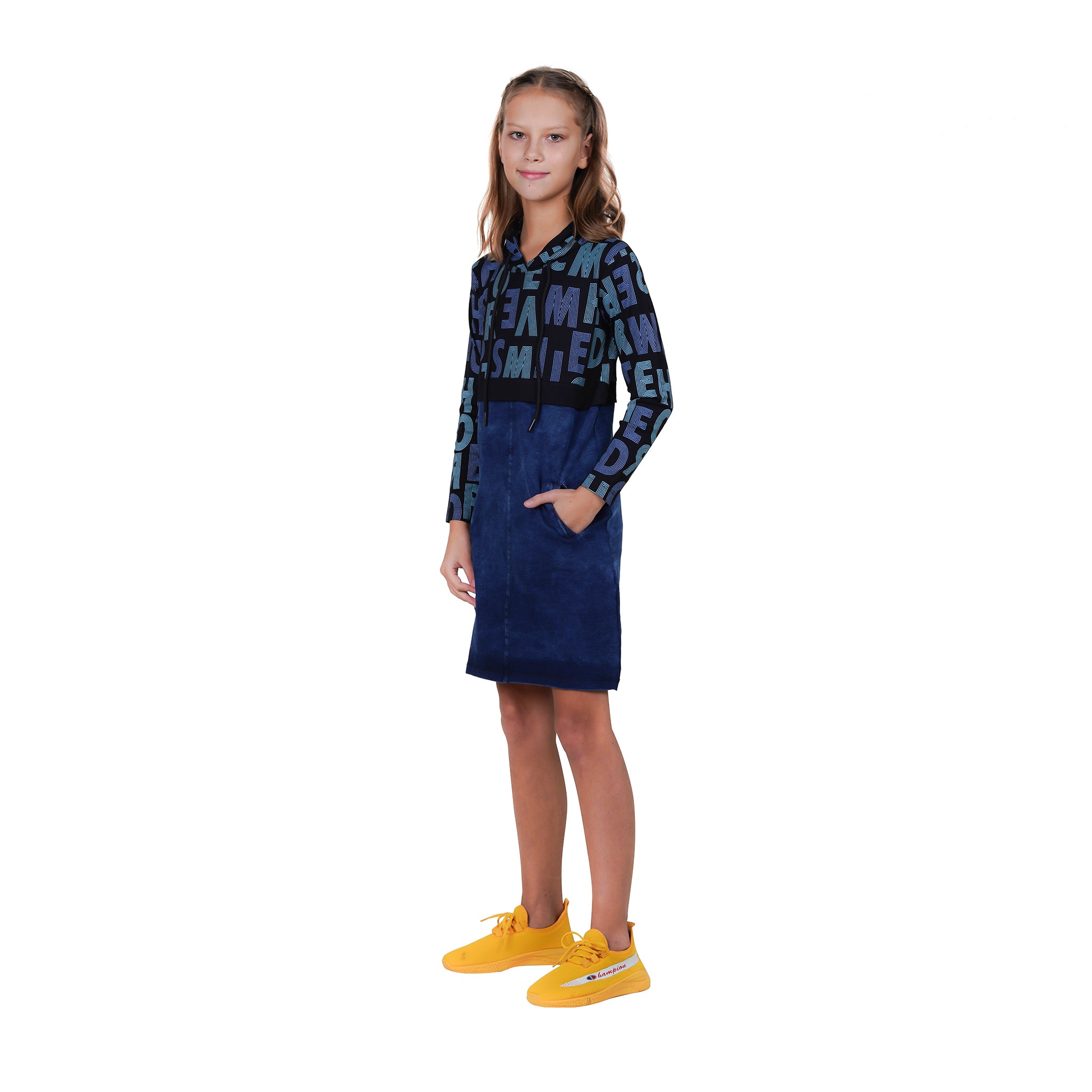 Girls Typography Print Hooded Tunic Dress.