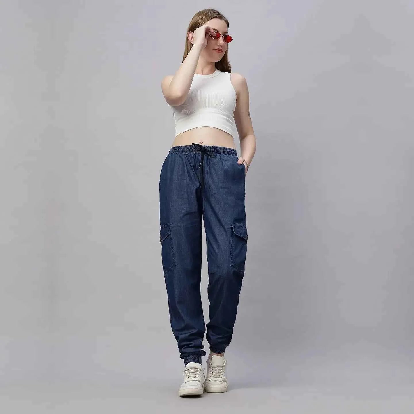 Astron – Silky Denim Cargo Jogger Jeans for Women
