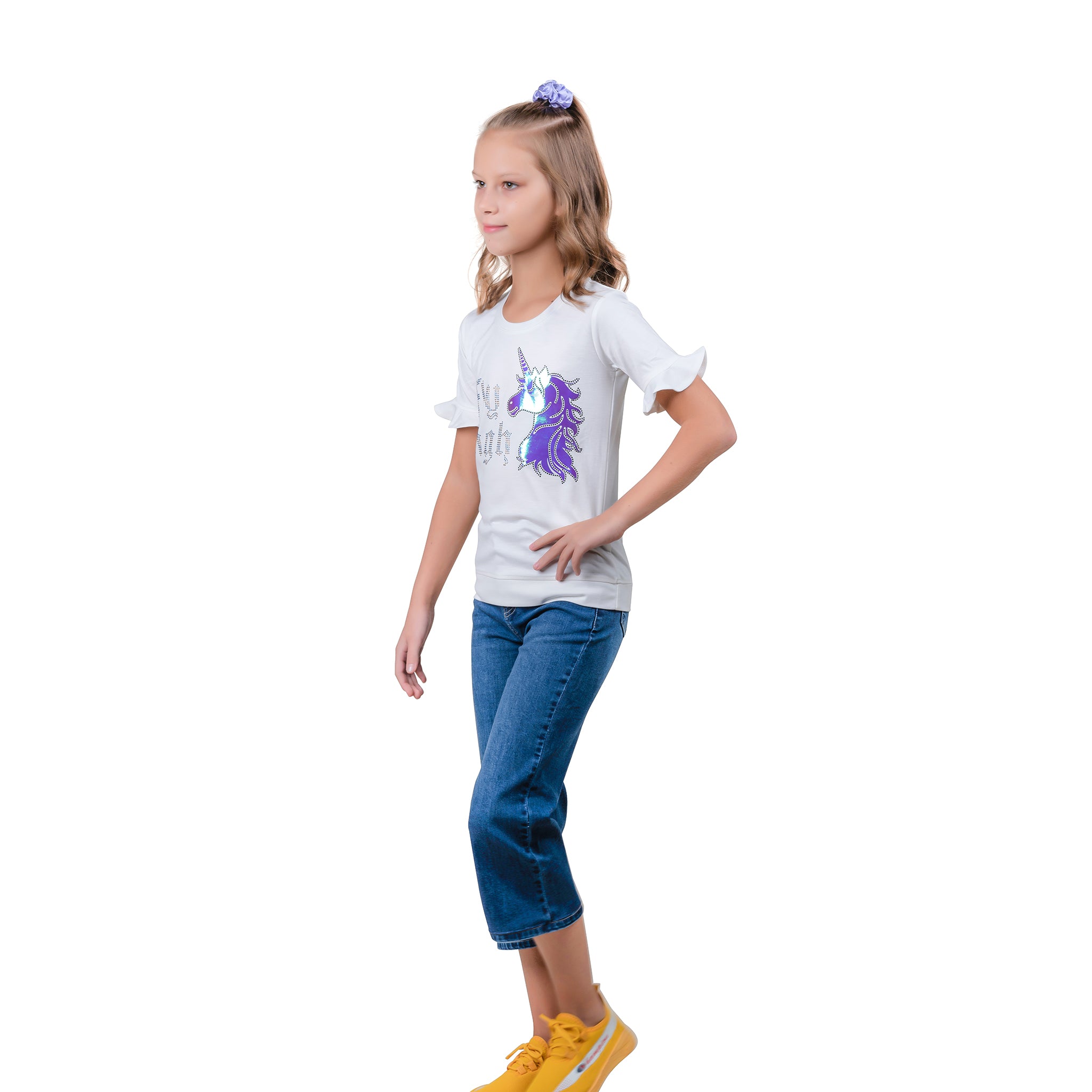 Unicorn Print Elbow Sleeve Girl's White T-shirt