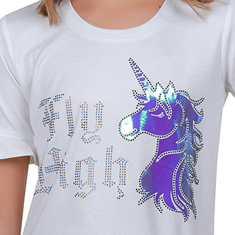 Unicorn Print Elbow Sleeve Girl's White T-shirt