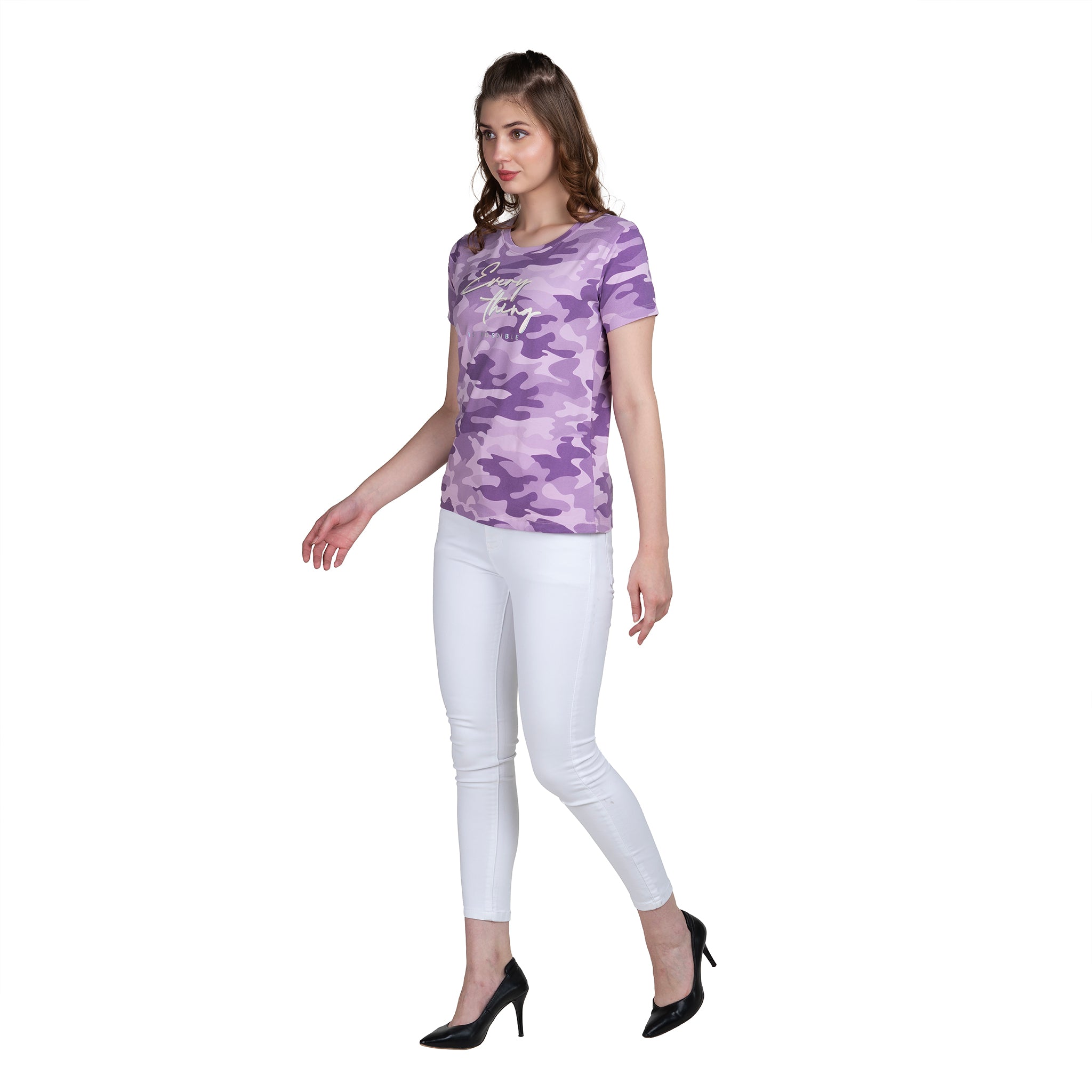 Purple Camouflage Print Women Cotton T-shirt