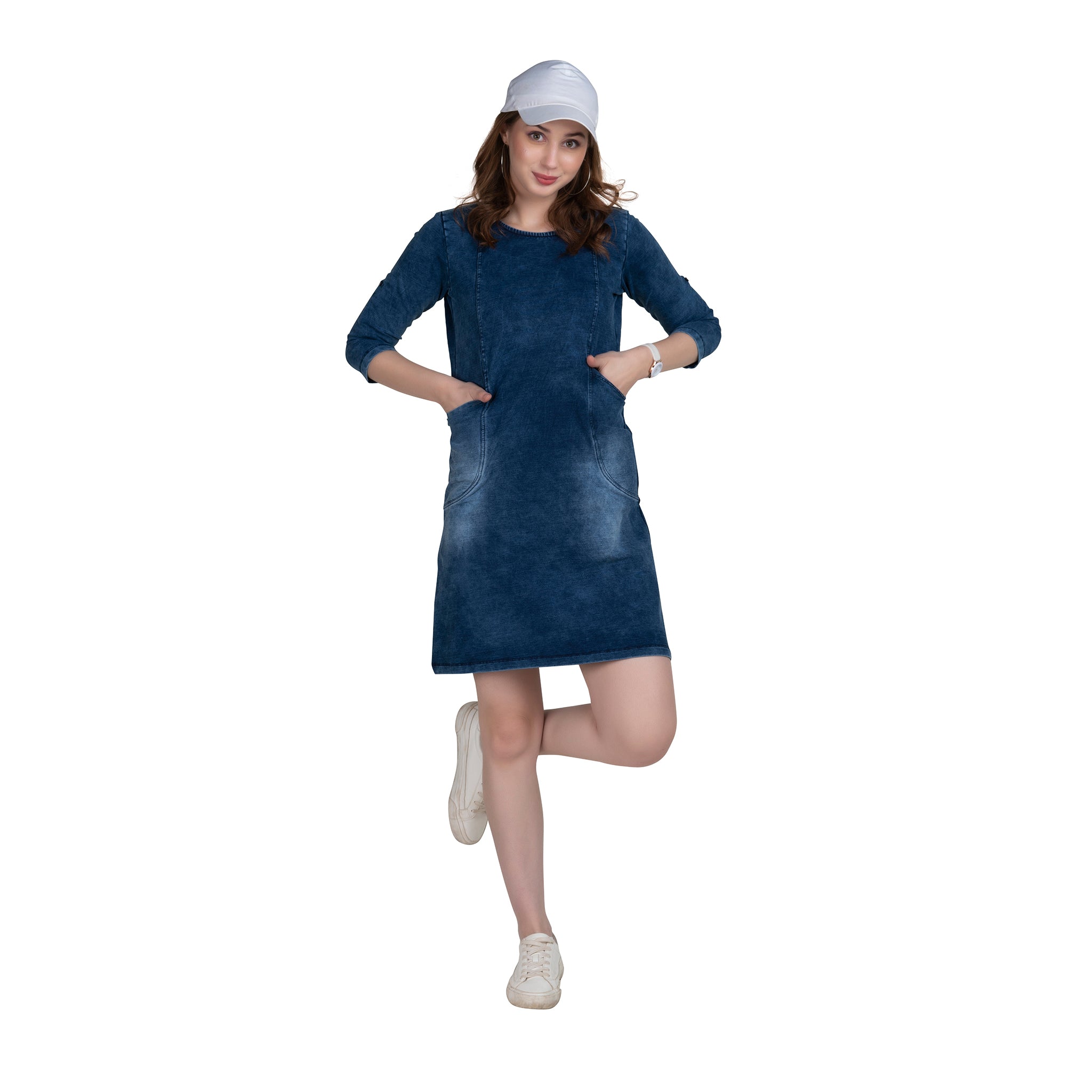 Knee Length Blue Denim Women's Tunic Dress