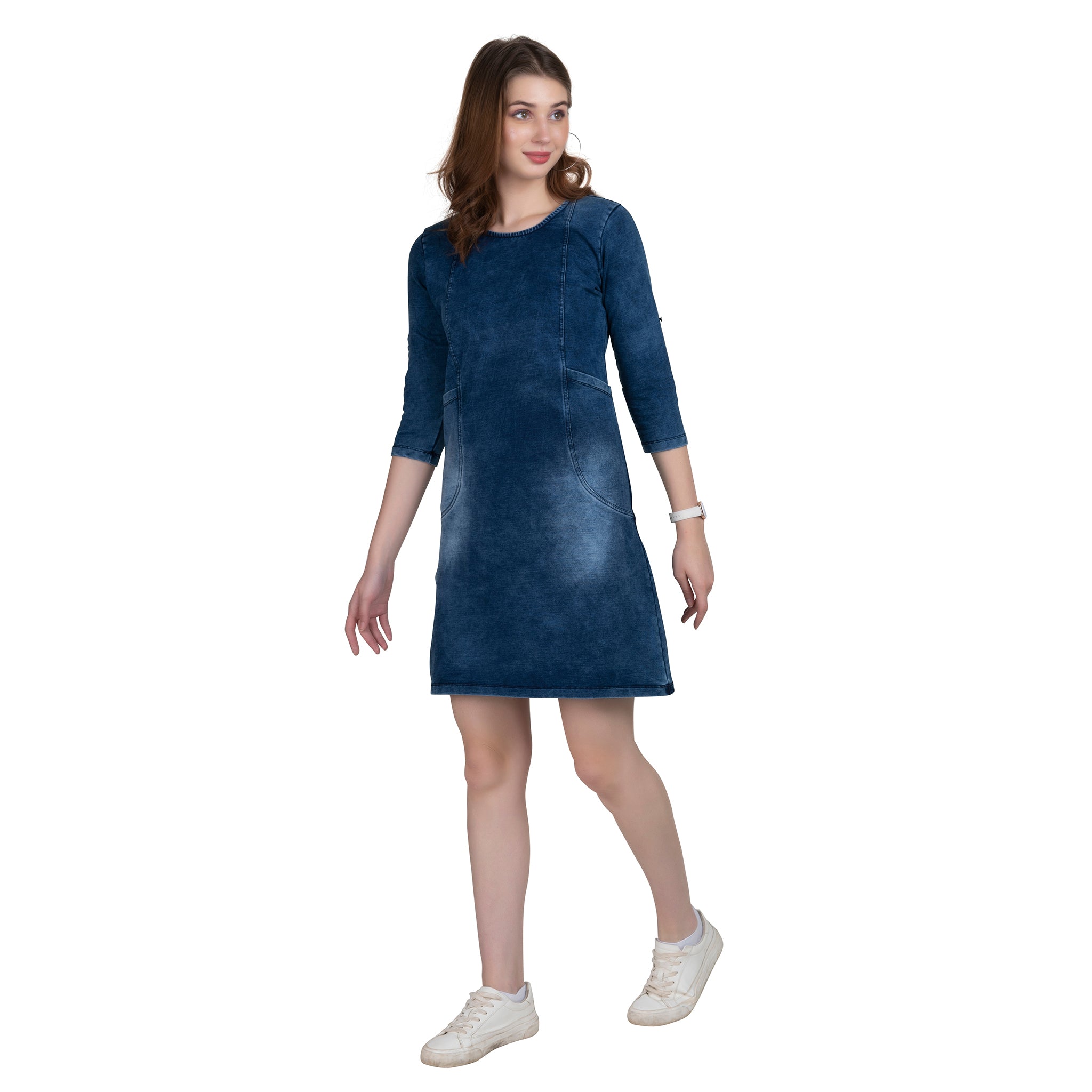 Knee Length Blue Denim Women's Tunic Dress