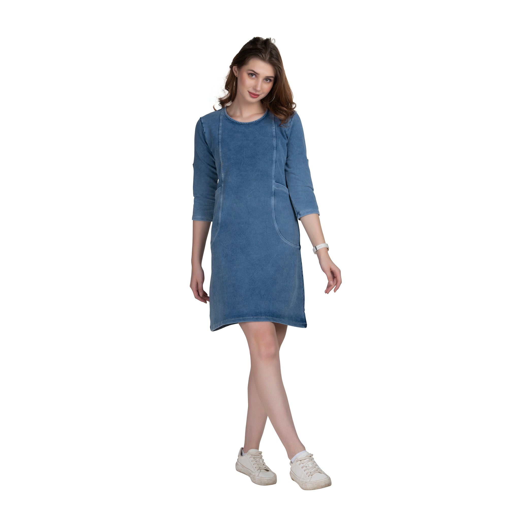 Knee Length Blue Denim Women's Tunic Dress