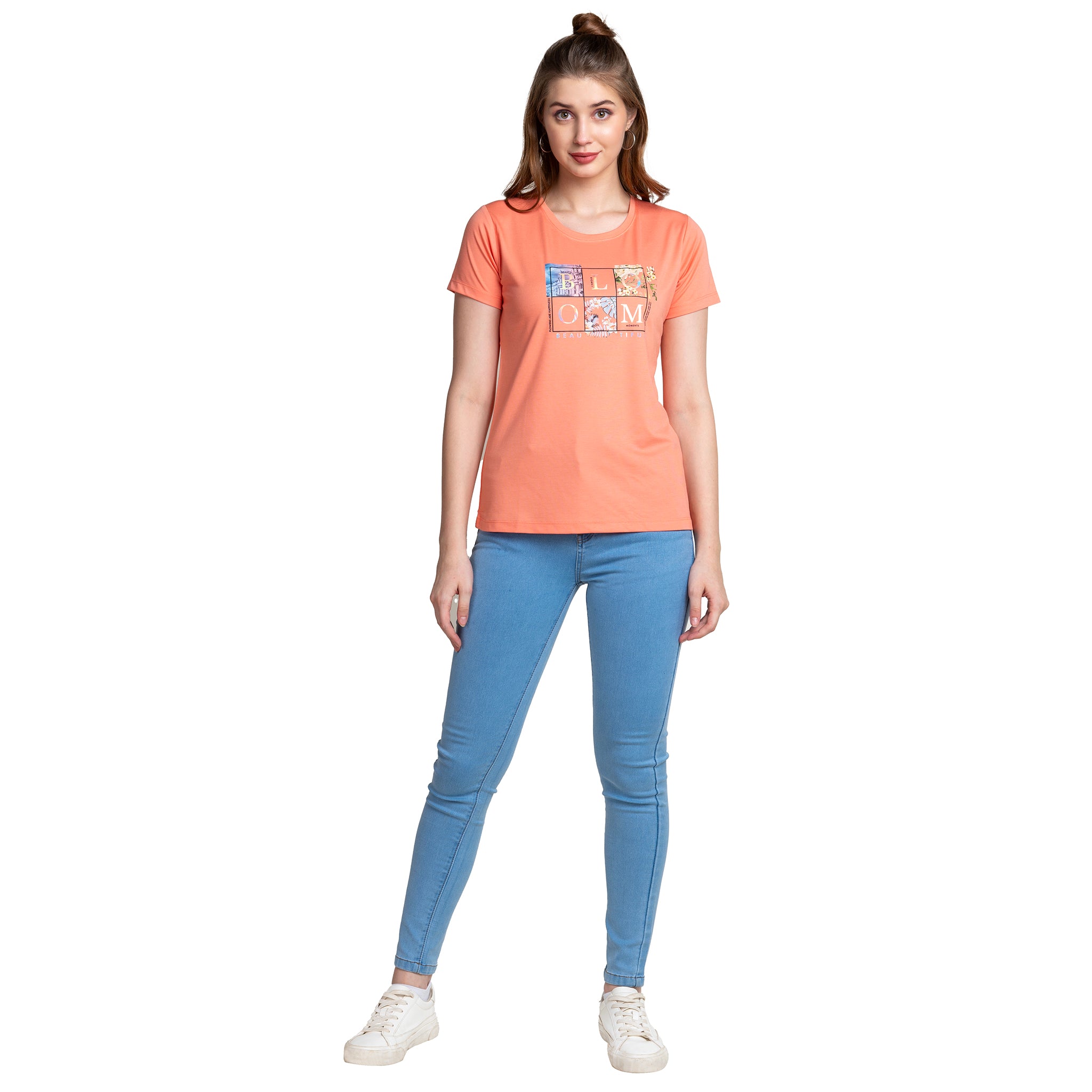 Astron – Round Neck Half Sleeves Peach Color Women’s T-Shirt