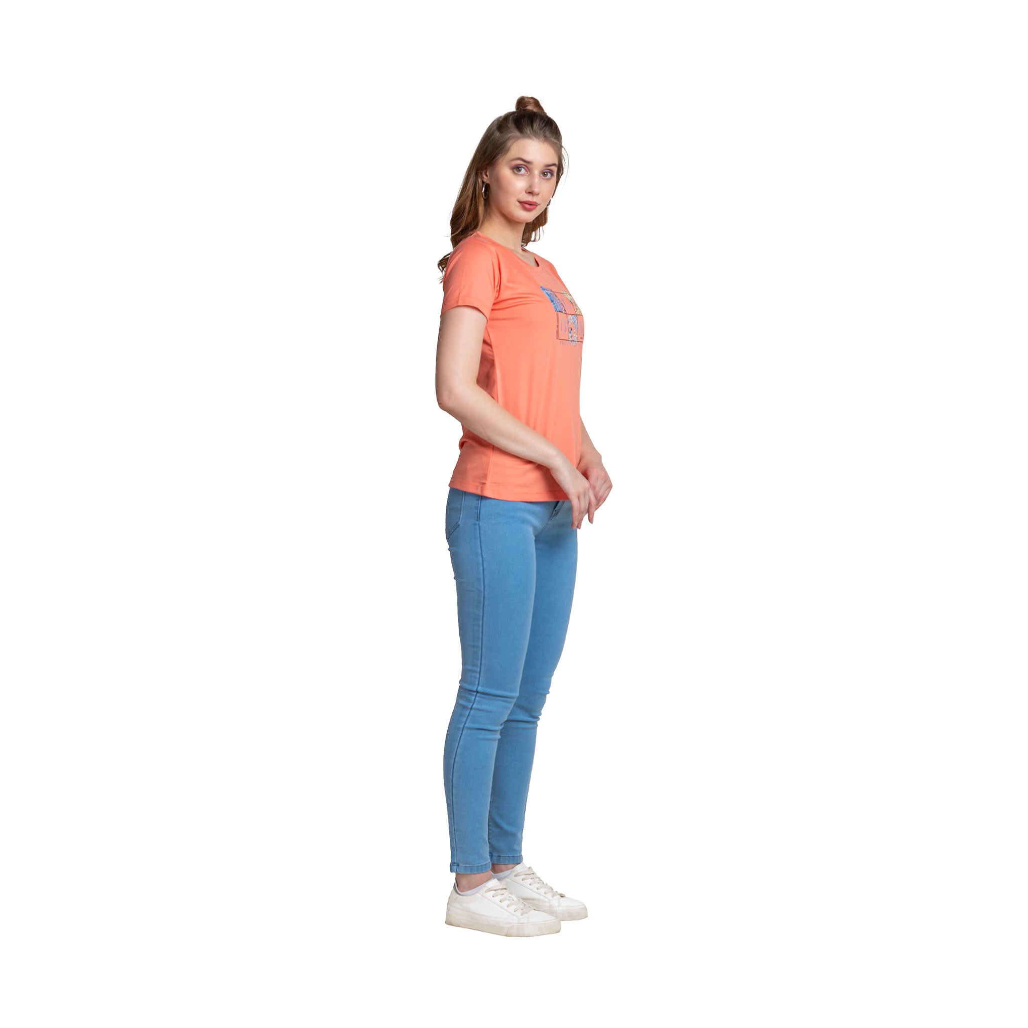 Astron – Round Neck Half Sleeves Peach Color Women’s T-Shirt