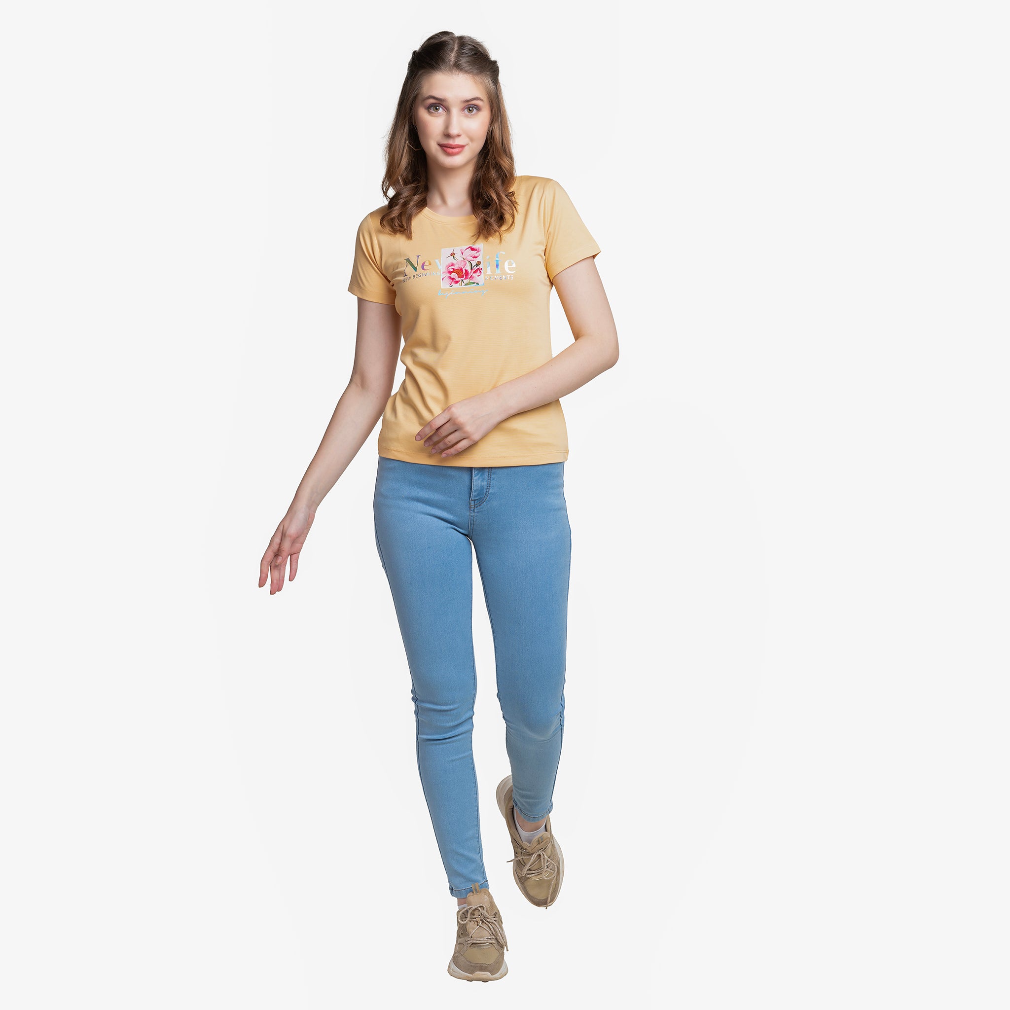 Flower Print Lemon Colour Round Neck T-shirt For Ladies