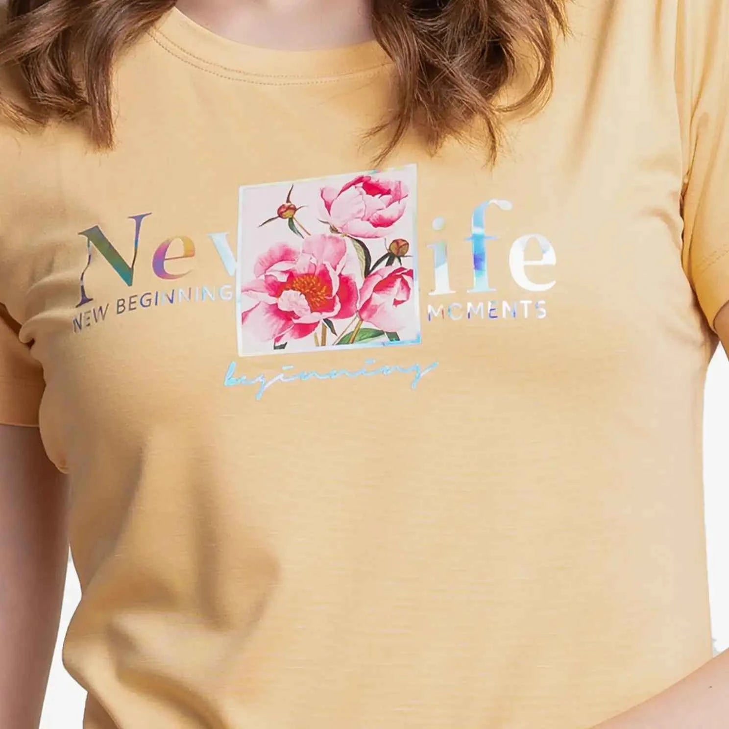 Flower Print Lemon Colour Round Neck T-shirt For Ladies