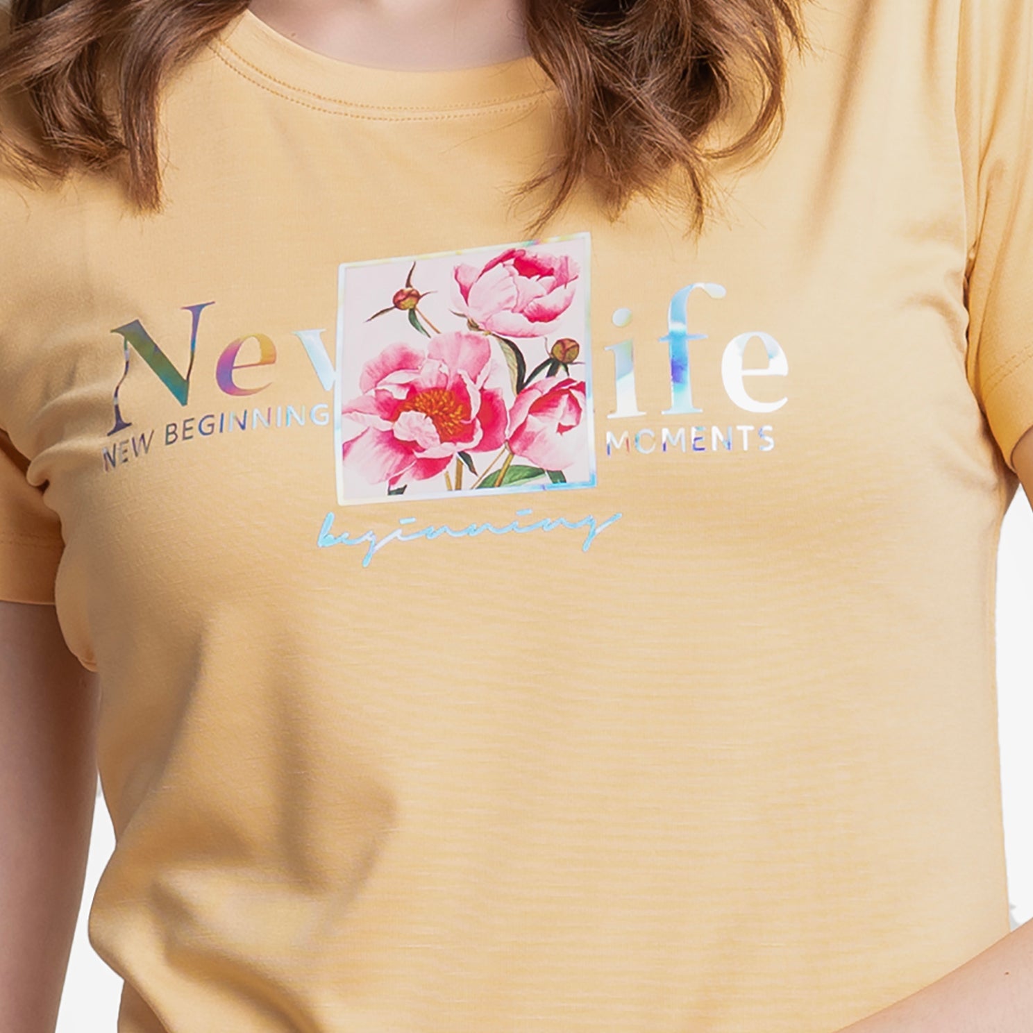 Flower Print Lemon Colour Round Neck T-shirt For Ladies