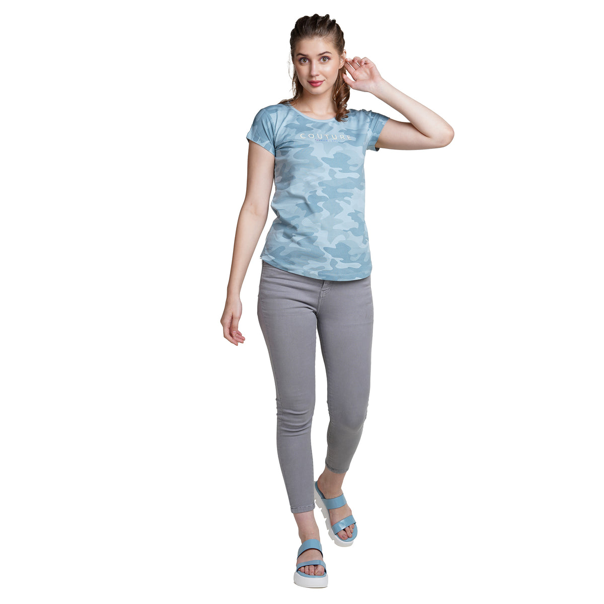 Astron – Camouflage Print Cap Sleeves Blue Color Cotton T-Shirt for Women