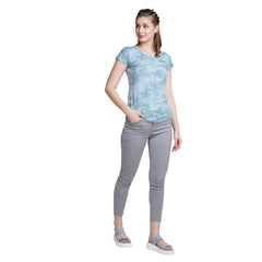 Astron – Camouflage Print Cap Sleeves Blue Color Cotton T-Shirt for Women