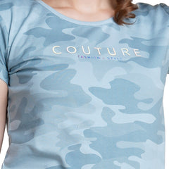 Astron – Camouflage Print Cap Sleeves Blue Color Cotton T-Shirt for Women