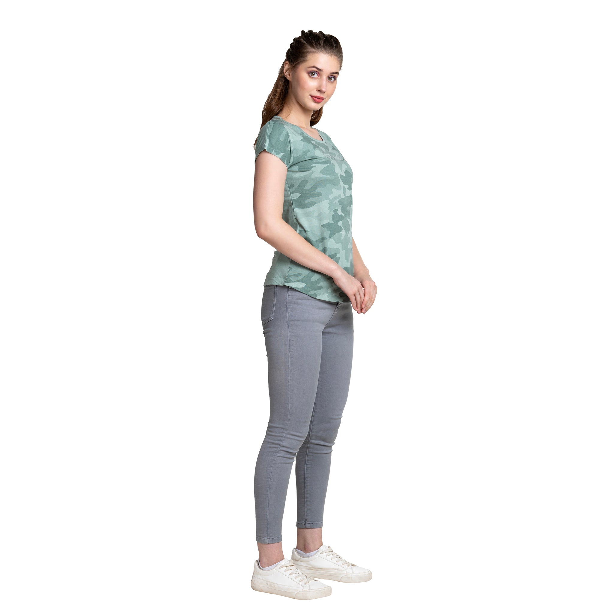 Astron – Camouflage Print Cap Sleeves Green Color Cotton T-Shirt for Women