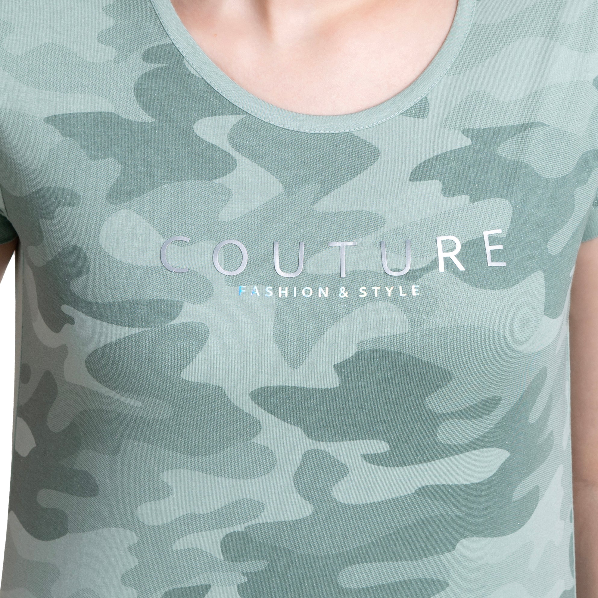 Astron – Camouflage Print Cap Sleeves Green Color Cotton T-Shirt for Women