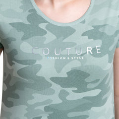 Astron – Camouflage Print Cap Sleeves Green Color Cotton T-Shirt for Women