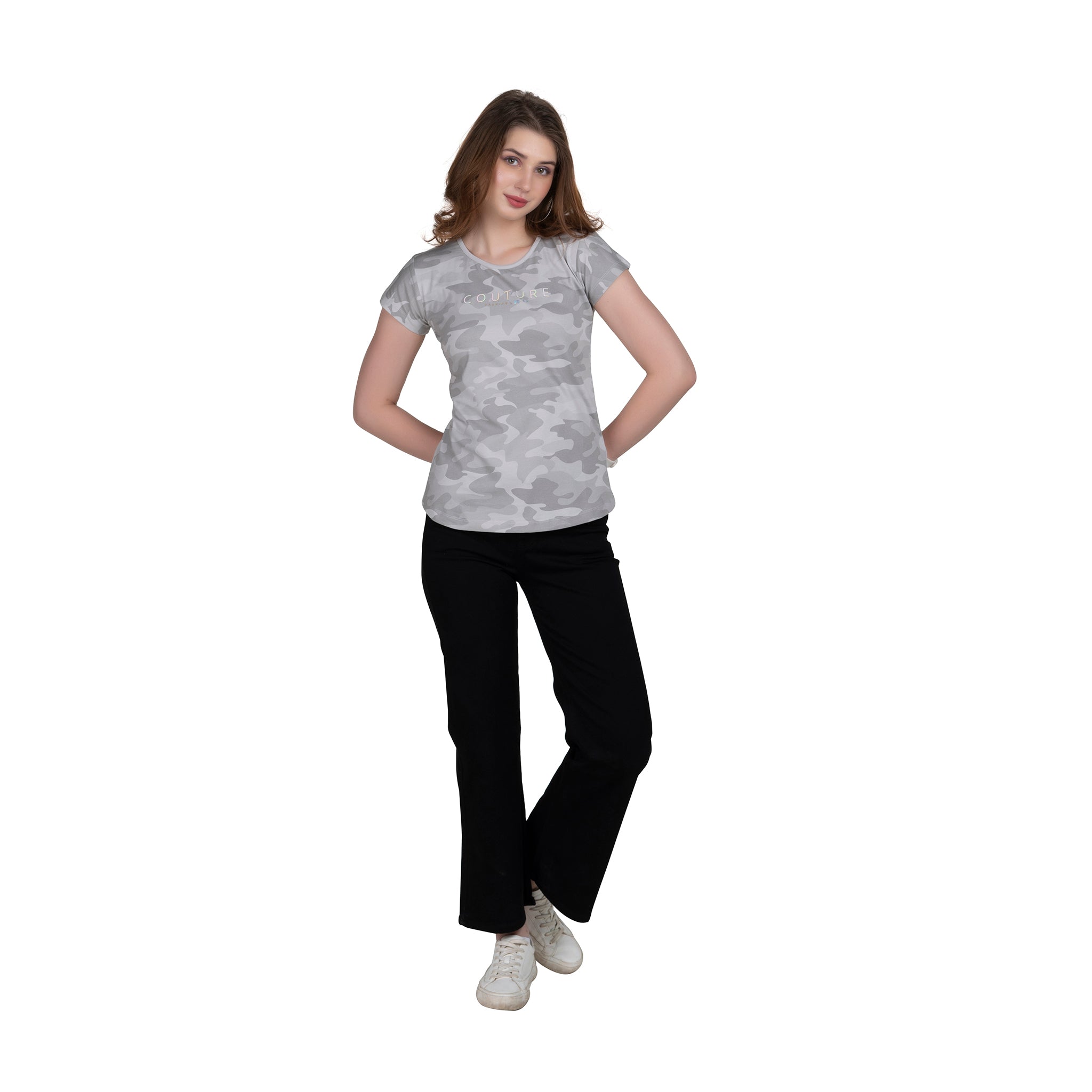 Astron – Camouflage Print Cap Sleeves Green Color Cotton T-Shirt for Women