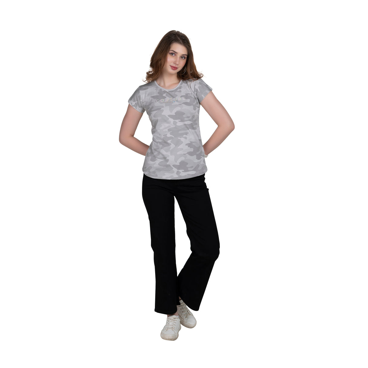 Astron – Camouflage Print Cap Sleeves Grey Color Cotton T-Shirt for Women