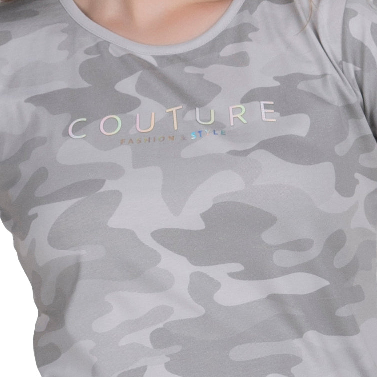 Astron – Camouflage Print Cap Sleeves Green Color Cotton T-Shirt for Women