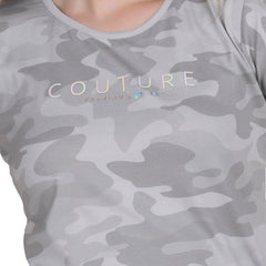 Astron – Camouflage Print Cap Sleeves Grey Color Cotton T-Shirt for Women