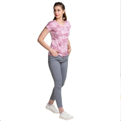 Astron – Camouflage Print Cap Sleeves Pink Color Cotton T-Shirt for Women