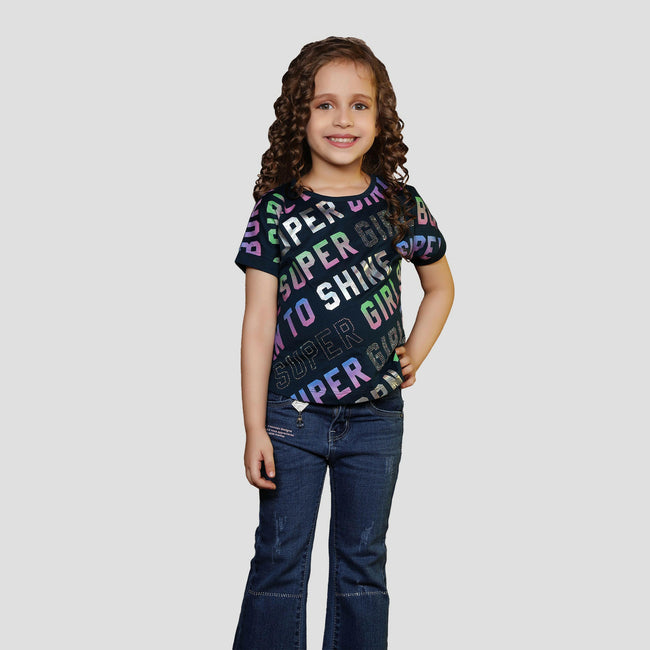 Party Wear Typography Printed Girl's T-shirt - ASTRON