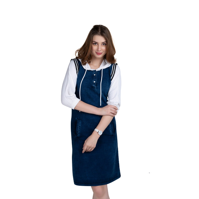 White Regular Fit Hoodie Denim Midi Dress For Women