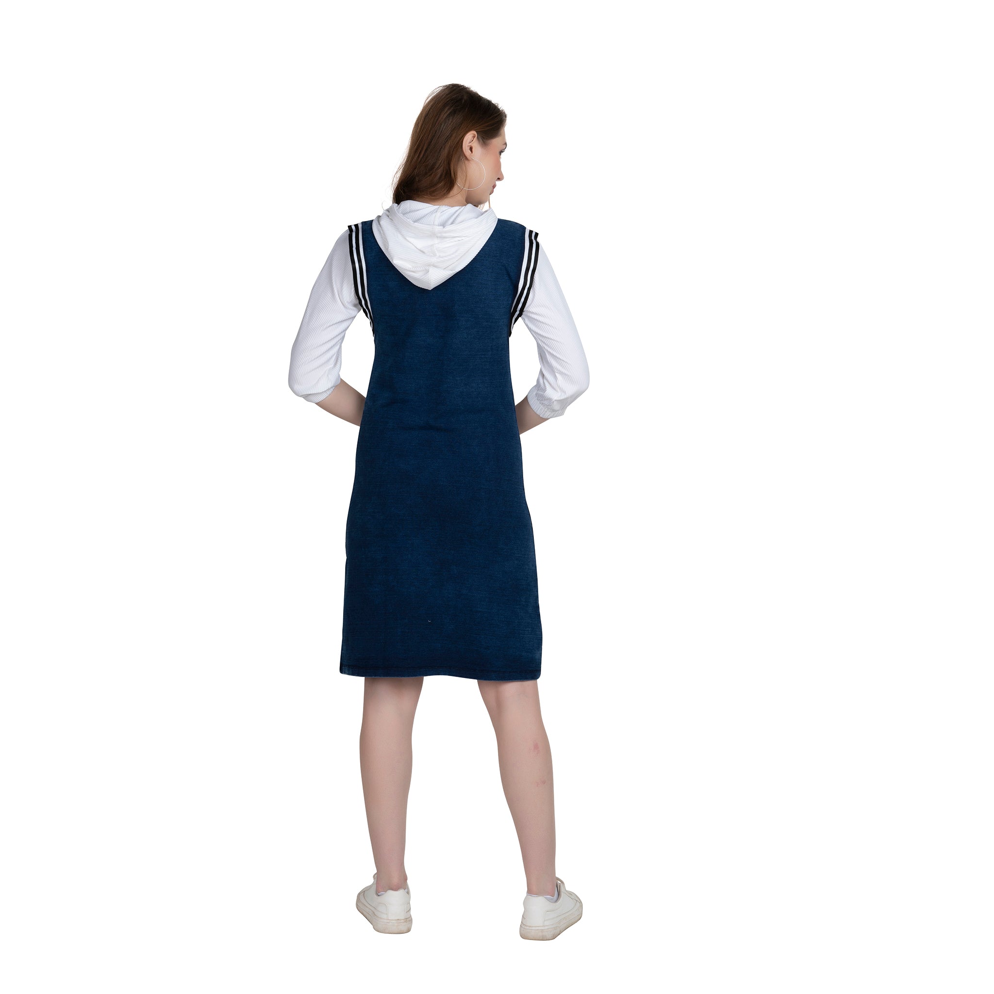 White Regular Fit Hoodie Denim Midi Dress For Women.