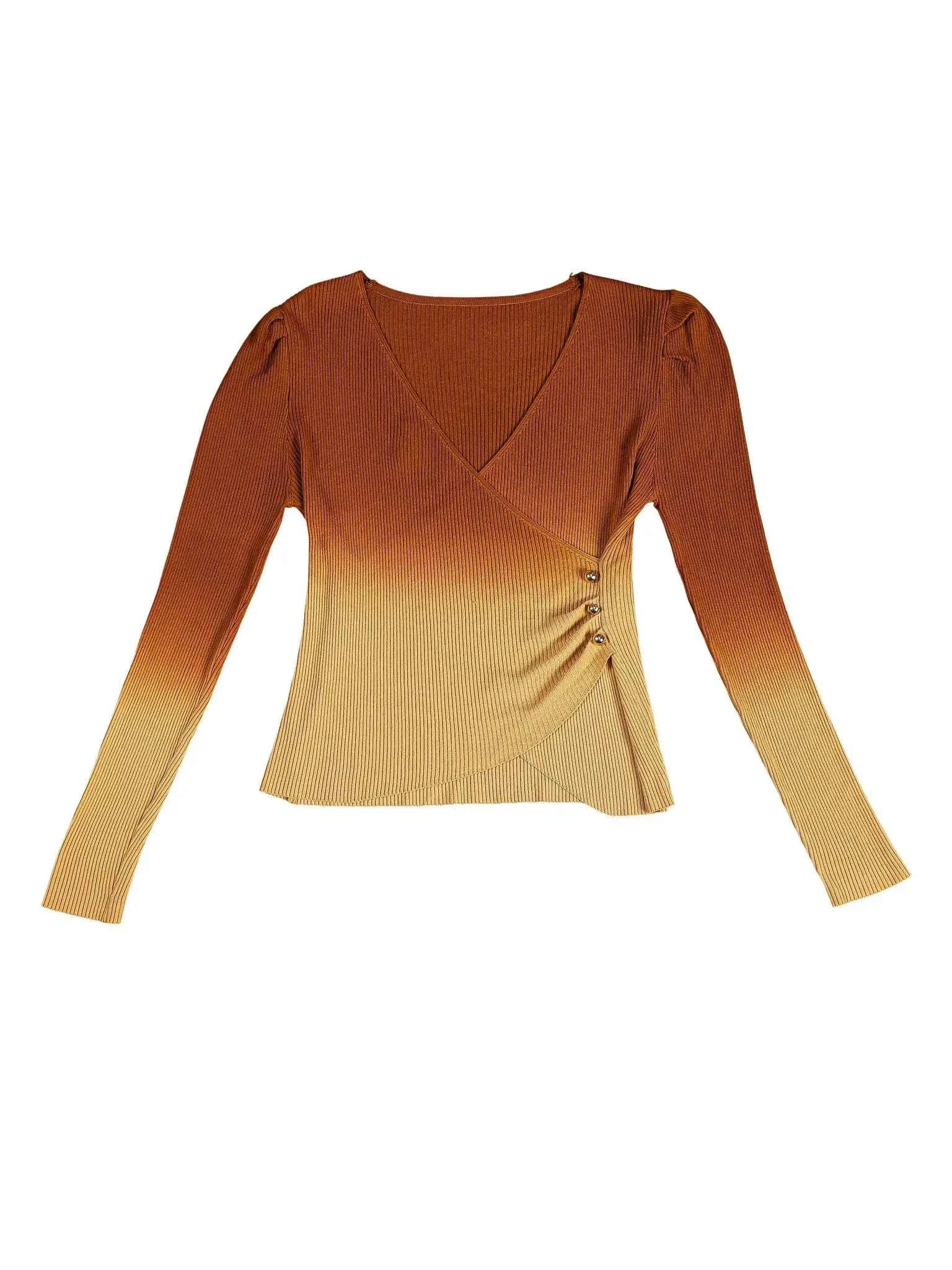 Astron Brown Ombre V Neck Ribbed Women’s Top