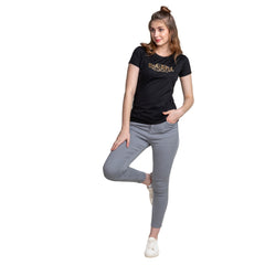 Black Round Neck Half Sleeve Ladies Cotton T-shirt.