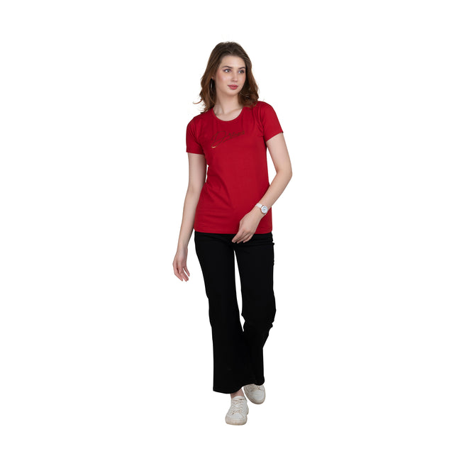 Ladies Half Sleeve Red Round Neck Cotton T-shirt