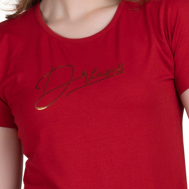 Ladies Half Sleeve Red Round Neck Cotton T-shirt